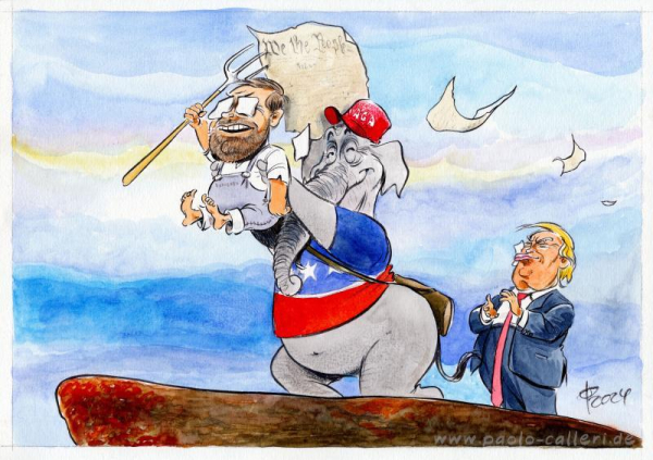 Karikatur vom 18. Juli 2024. Ein Elefant mit umgeschnallter Flinte und MAGA-Kappe hält einen bärtigen Mann in die Höhe. Der Mann hat Mullbinden auf seinen Augen und reckt eine Mistgabel in die Höhe, mit der ein Blatt Papier aufgespießt wurde. Auf dem Blatt liest man die Überschrift "We the people". Weitere Blätter werden vom Wind davongetragen. Im Hintergrund steht Trump mit einer Mullbinde am rechten Ohr und klatscht in die Hände.