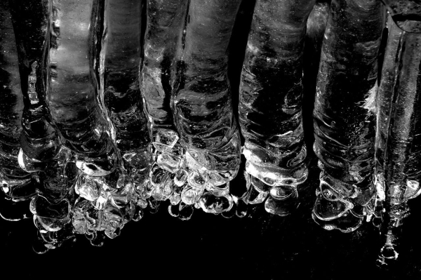 A close-up of nine icicles in a row. They are a bit reasonably smooth at the top but very lumpy and bubbly at the bottom, and looks like they where made of glass. It is a high contrast image.