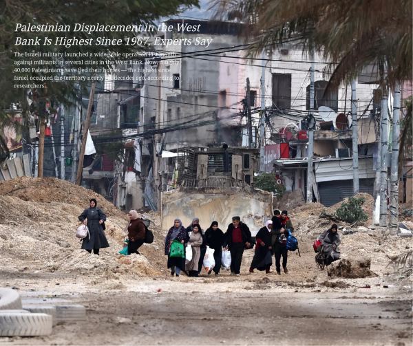 News extract in New York Times over a picture of Israel's forcefully displaced Palestinians in the West Bank. The text says the following:

Palestinian Displacement in the West Bank Is Highest Since 1967, Experts Say

The Israeli military launched a wide-scale operation last month against militants in several cities in the West Bank. Now, roughly 40,000 Palestinians have fled their homes — the highest since Israel occupied the territory nearly six decades ago, according to researchers.
