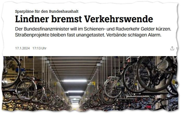 Screenshot Headline:  Sparpläne für den BundeshaushaltLindner bremst Verkehrswende. Der Bundesfinanzminister will im Schienen- und Radverkehr Gelder kürzen. Straßenprojekte bleiben fast unangetastet. Verbände schlagen Alarm.