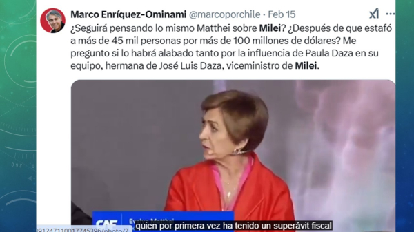 ¡Seguirá pensando lo mismo Mathei sobre Milei? ¿después de que estafó a más de 45 mil personas pormás de 100 millones de dólares? Me pregunto si lo habrá alabado tano por la influencia de Paula daza en su equipo, hermana de José Luis Daza, viceministro de Milei