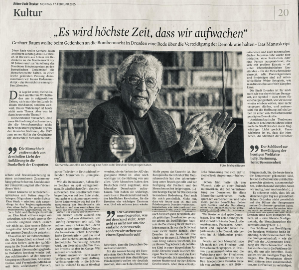 Ein schwarz-weißer Zeitungsartikel mit einem Interview mit Gerhart Baum über seine Rede zum Gedenken an den Bombenanschlag in Dresden. Der Artikel konzentriert sich auf Themen wie Demokratie, Erinnerung und Menschenrechte. Baum wird fotografiert, wie er leidenschaftlich spricht.

Quelle: Kölner Stadtanzeiger