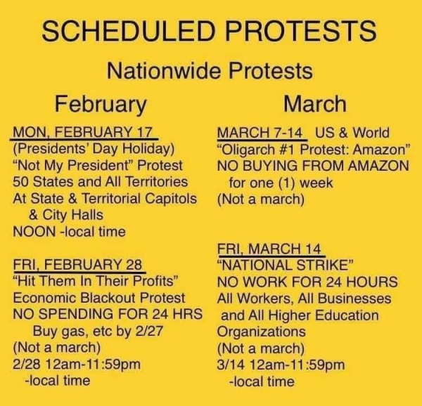 info poster with upcoming protests & boycotts. 2/17, protest locally.  2/28, buy nothing at all, 3/7-14, don’t buy from Amazon, 3/14, national strike - no work at all. 