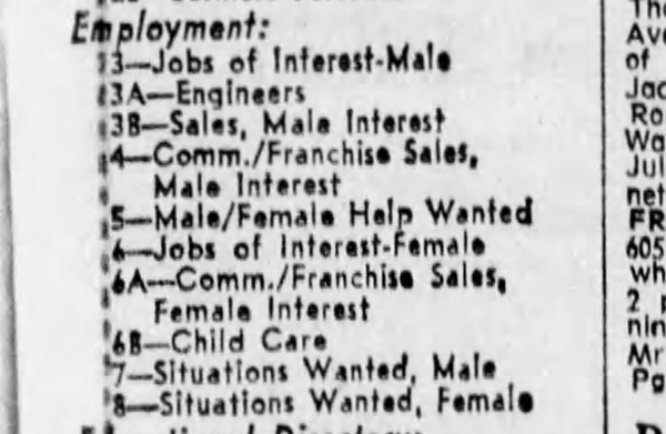 Employment ad from the Pittsburgh Press, 1971, shows jobs classified by "male" and "female"