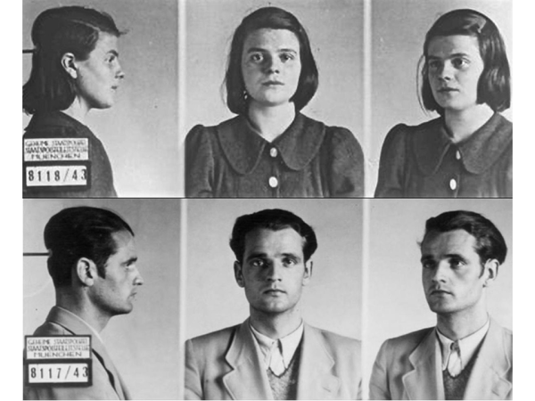 Mugshots of Hans and Sophie Scholl presumably taken after their arrest.