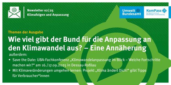 Die Grafik verkündet die Veröffentlichung des neuen Newsletters zu Klimafolgen und Anpassung des Kompetenzzentrums Klimafolgen und Anpassung am Umweltbundesamt. Es werden drei Highlights der neuen Ausgabe aufgezählt: Der Schwerpunktartikel "Wie viel gibt der Bund für Klimaanpassung aus? - Eine Annäherung", das Save the Date für die UBA-Fachkonferenz "Klimawandelanpassung im Blick - Welche Fortschritte machen wir?" sowie der neue Ratgeber des Projekts "Klima ändert Dich!" mit Tipps für Verbraucher*innen.

