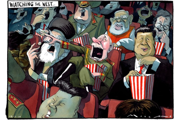 Cartoon by Morten Morland, titled 'watching the west', the dictators of many countries around the world sit in a ciema, some with popcord, enjoying the film