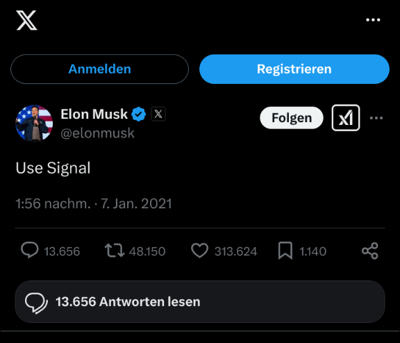 Tweet von Elon Musk vom 07.01.2021 mit dem Inhalt „Use Signal“.