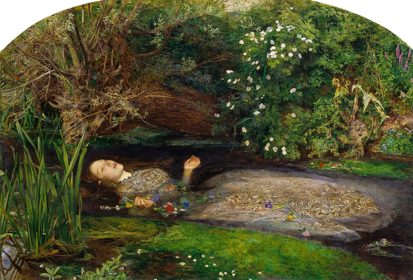 The painting Ophelia by Sir John Everett Millais. In a tangled thicket, a red-haired lass drowns in a pool. 