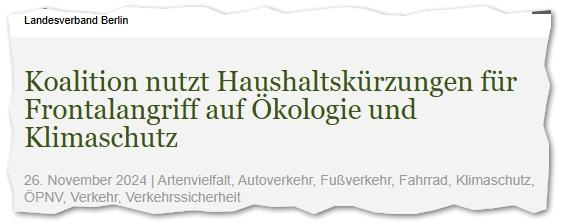 Screenshot der Headline: Koalition nutzt Haushaltskürzungen für Frontalangriff auf Ökologie und Klimaschutz