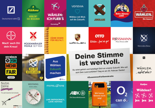 Logos und Bilder von 25 verschiedenen Unternehmen, die dazu aufrufen, wählen zu gehen.