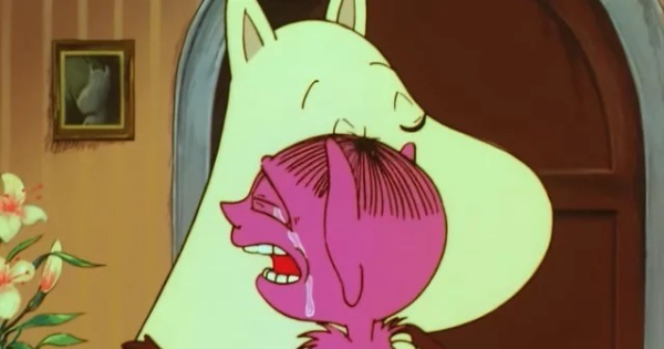 Moomin transformed into an ugly imp creature crying on Moominmamma.