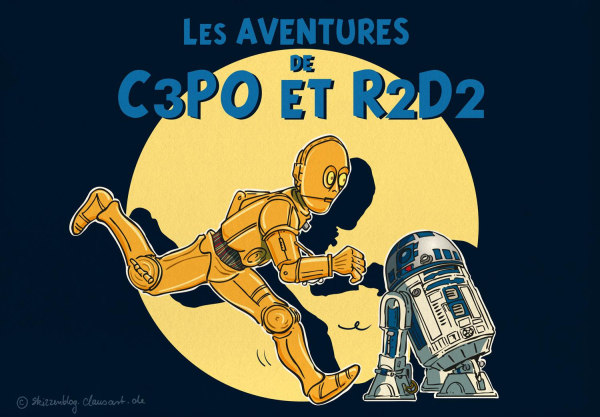 zeichnung:
c3po und r2d2 als tim und struppi cover