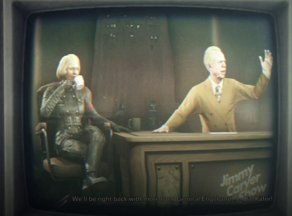 Screenshot aus "Wolfenstein 2: The new Colossus". General Irene Engel in der Jimmy-Carver-Show.