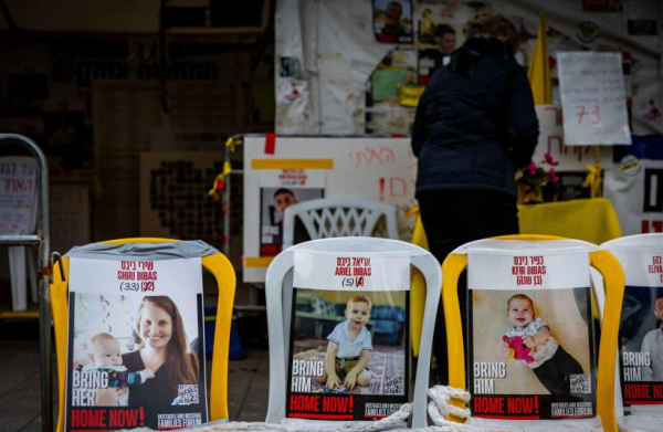 
Pictures of Shiri Bibas and her children Kfir and Ariel who are held hostage in Hamas captivity hang outside the protest tent calling for the release of Israeli hostages in the Gaza Strip, outside the Prime Minister's residence in Jerusalem, February 19, 2025.
(photo credit: Chaim Goldberg/Flash90)
