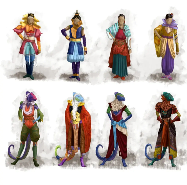 A sheet of elaborate fantasy costume designs in human and lizardfolk variants.