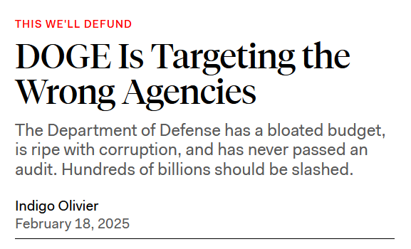 News headline: This We'll Defund

DOGE Is Targeting the Wrong Agencies

The Department of Defense has a bloated budget, is ripe with corruption, and has never passed an audit. Hundreds of billions should be slashed. 

by Indigo Olivier
February 18, 2025