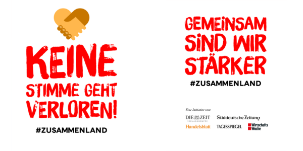 Die Grafik enthält zwei Slogans: "Keine Stimme geht verloren #ZUSAMMENLAND" und "Gemeinsam sind wir stärker #ZUSAMMENLAND".