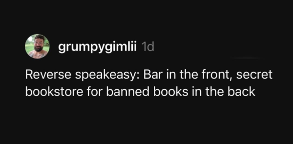 Reverse speakeasy: Bar in the front, secret bookstore for banned books in the back. 