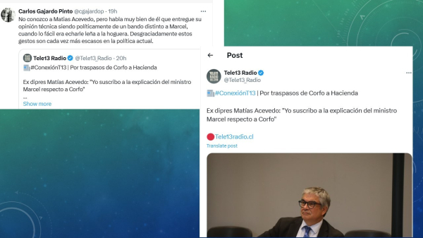 No conozco a Matías acevedo muy bien de él que entregue su opinión técnica siendo politicamente de bando distinto a Marel cuando lo fácil es echarle leña a la hoguera. desgraciadmente estos gestos son cada vez más escasos en la política actual
citando Tele13 Radio