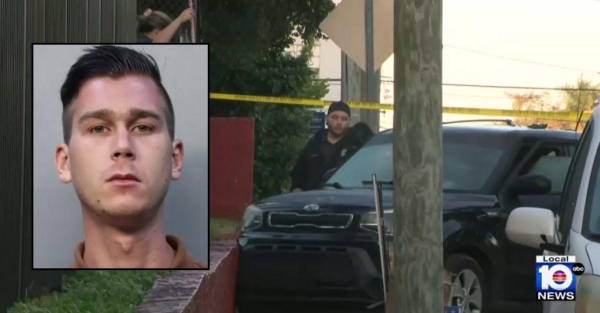 Background: News footage from the scene where Rodolfo Fernandez was found dead on Jan. 19 (WPLG). Inset: Zsolt Zsolyomi (Miami-Dade County Corrections and Rehabilitation).