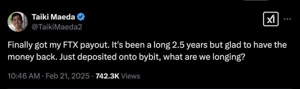 @TaikiMaeda2
Finally got my FTX payout. It's been a long 2.5 years but glad to have the money back. Just deposited onto bybit, what are we longing?