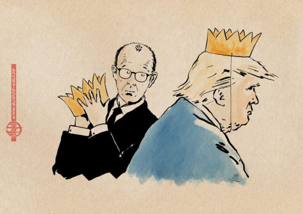 Illustration: Merz hält eine Krone in Händen und schaut nachdenklich über die Schulter dem vorbeigehenden Trump hinterher, der eine Pappkrone trägt.