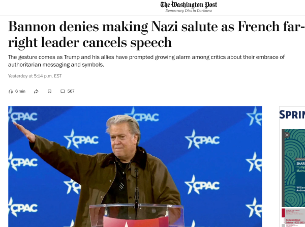 over picture of bannon's Nazi salute: 
Bannon denies making Nazi salute as French far-right leader cancels speech
The gesture comes as Trump and his allies have prompted growing alarm among critics about their embrace of authoritarian messaging and symbols.