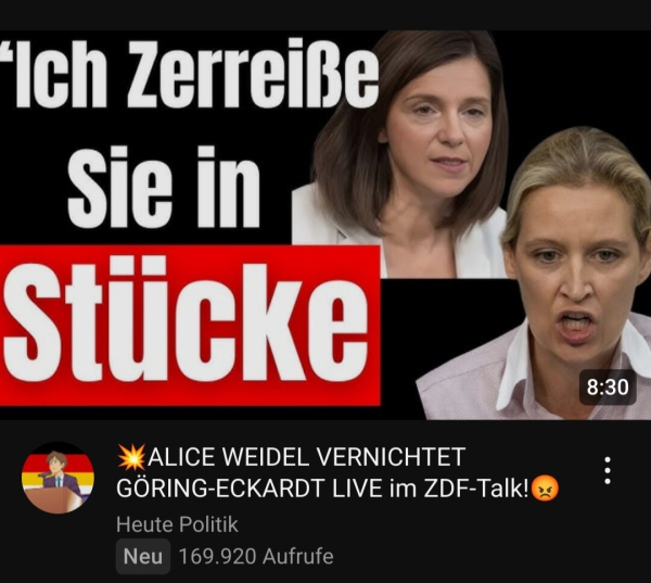 Screenshot: "Ich zerreiße sie in Stücke! Alice Weidel vernichtet Göring-Eckardt live im ZDF-Talk!"