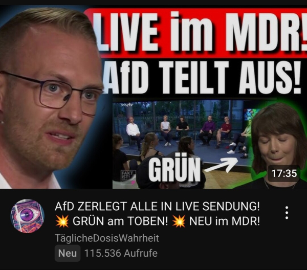 Screenshot: "AfD zerlegt alle in Live Sendung! Grüne an Toben!"