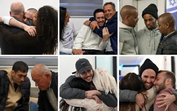 The six hostages released on February 22, 2025 reunite with their families. Top row from left: Omer Wenkert, Omer Shem Tov, Avera Mengistu. Bottom row from left: Hisham al-Sayed, Eliya Cohen, Tal Shoham. (IDF)