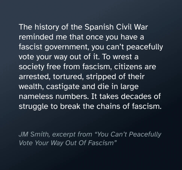 Quote from JM Smith’s “You Can’t Peacefully Vote Your Way Out Of Fascism.” It reads “The history of the Spanish Civil War reminded me that once you have a fascist government, you can’t peacefully vote your way out of it. To wrest a society free from fascism, citizens are arrested, tortured, stripped of their wealth, castigate and die in large nameless numbers. It takes decades of struggle to break the chains of fascism.”