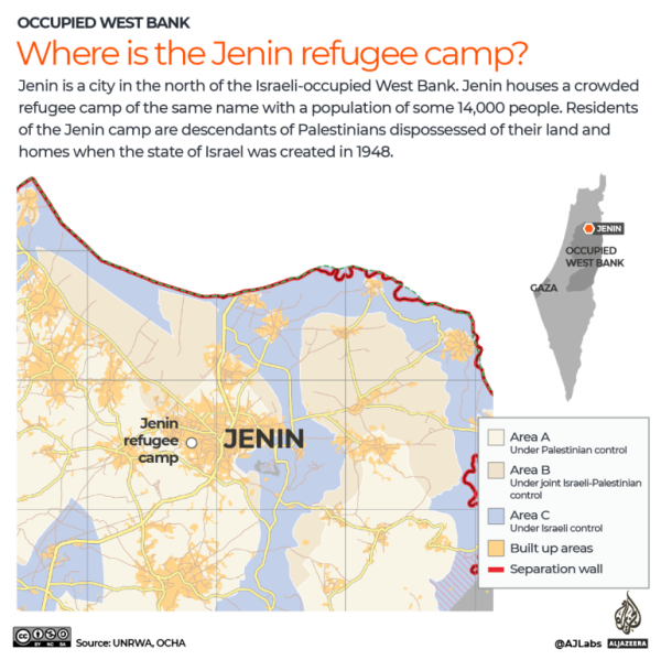 Map of the occupied West Bank, showing where is the Jenin refugee camp, currently  being raided by Israel, forcefully displacing thousands of Palestinians.