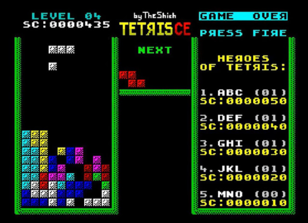 [ImageSource: theshich.itch.io]

UPDATE : I've recently been informed that Tetris Championship Edition may have been updated on itch io. Although I'm not sure if it's the same version as the one released in 2020 going by the fact they both say 1.0. The developer has noted all of the changes listed below.

• New Korobeiniki AY tune
• 50 FPS modes
• Kempston joystick support
• you can hold left or right key and piece will move continuously in that direction (you had to press these keys many times before)
• soft drop implemented
• you can now rotate pieces to the right (previously it was only to the left)
• accordingly, Redefine Keys screen has been changed
• the randomizer has been greatly improved, now the same frequency of all pieces is guaranteed
• scoring system has been changed: now it’s much more profitable to clean several lines at once, especialy 4
• the level increases when a certain amount of lines is cleared (previously it did not change at all)
• the number of levels in the classic mode has been increased: earlier, only levels 1-8 were available, now it's 0-9 by default and 10-19 with DROP key pressed
• theoretically the number of levels is not limited
• two tracks by František Fuka was replaced
• in Tetris 2 mode all levels have been redone (now there are 50 of them, but there will be more), and this mode was named Puzzle
• cheat mode for Puzzle was added
• now you can listen to music along with 48k effects
• Puzzle mode now has harder levels limited by a timer