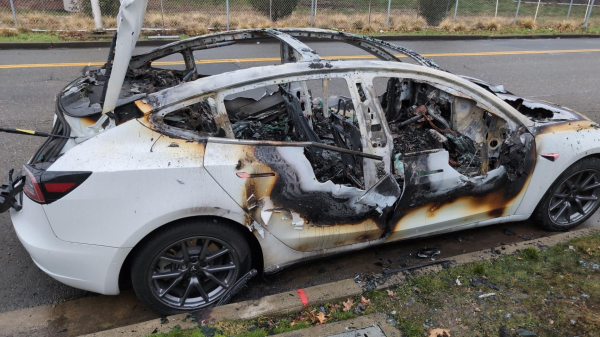 The smoldering husk of a white Tesla with pink accents. There is almost nothing left.