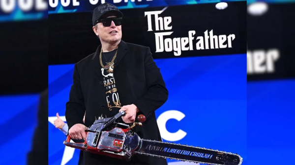 Elon Musk weilding a chainsaw at CPAC: The DOGEFather.