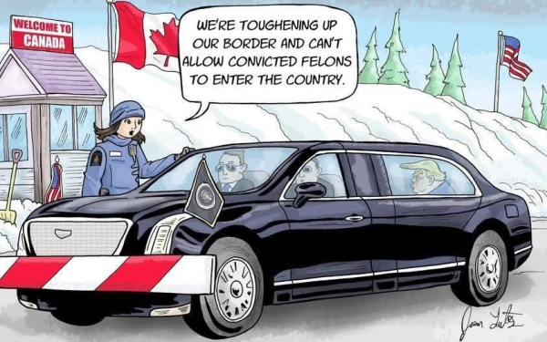 A cartoon depicting a border crossing scene. A large black limousine is stopped at a Canadian border checkpoint. A Canadian border officer, wearing a blue uniform and hat, stands next to the car. A speech bubble from the officer reads, "We're toughening up our border and can't allow convicted felons to enter the country." Inside the car, two figures are visible; one resembles Donald Trump. The car is blocked by a red and white striped barrier. In the background, there is a "Welcome to Canada" sign, a Canadian flag, and an American flag on the opposite side. Snow-covered ground and evergreen trees are visible, suggesting a winter setting. The cartoon is signed by the artist, Jason Lutes.