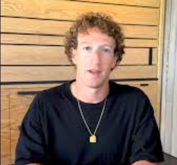 Lastest photo of Mark Zuckerberg with curly hair, black T-shirt, and a gold chain with rectangle pendant. 