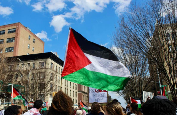 
New York, NY USA - April 20, 2024 : Protesters waving Palestinian flags and sign at a demonstration near Columbia University Medical Center at the Plaza de las Americas in Washington Heights, New York
(photo credit: SHUTTERSTOCK)
