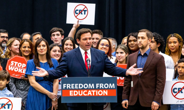 Florida governor Ron DeSantis in a political rally against education