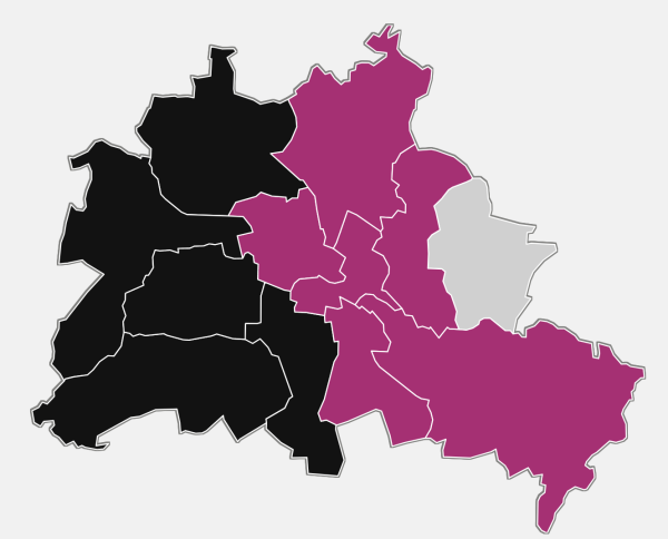 Karte der Zweitstimmen-Siege in Berlin. Alle Bezirke des ehemaligen Westberlins - exkl Kreuzberg, Tiergarten, Moabit, Wedding, Gesundbrunnen und Neukölln - sind schwarz (CDU), die übrigen sind magenta (Die Linke). Marzahn-Hellersdorf ist noch grau, wird aber entweder schwarz oder blau.