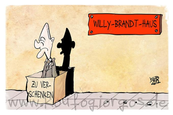 Karikatur: Scholz wird in einem Karton mit der Aufschrift „Zu verschenken“ vor dem Willy-Brandt-Haus ausgesetzt