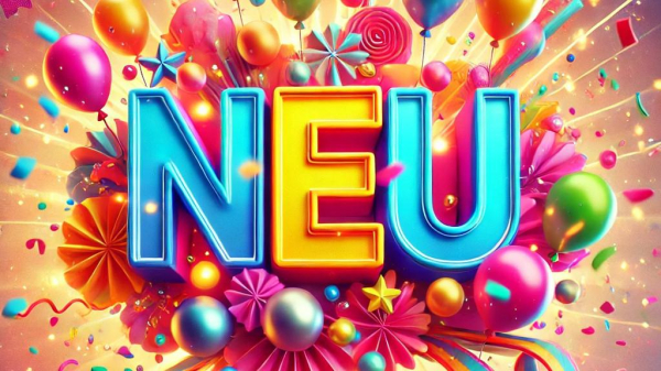 Bunte, festliche Darstellung mit Ballons, Konfetti, Schleifen und leuchtenden Farben. Das Wort NEU in Blau und Gelb stehen im Mittelpunkt, umgeben von strahlenden Dekorationen wie Sternen, Blüten und Luftschlangen. Der Hintergrund ist hell und voller Dynamik, was eine fröhliche, energiegeladene Stimmung erzeugt. (KI-Grafik)