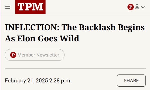 Headline from TPM:
INFLECTION: The Backlash Begins As Elon Goes Wild

Member Newsletter
February 21, 2025 2:28 p.m.