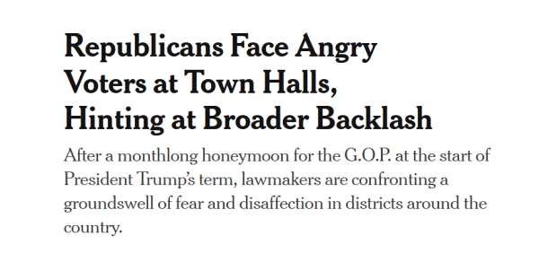 Republicans Face Angry Voters at Town Halls, Hinting at Broader Backlash

After a monthlong honeymoon for the G.O.P. at the start of President Trump’s term, lawmakers are confronting a groundswell of fear and disaffection in districts around the country.