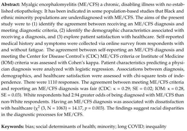 Abstract
Myalgic encephalomyelitis (ME/CFS) a chronic, disabling illness with no established etiopathology. It has been indicated in some population-based studies that Black and ethnic minority populations are underdiagnosed with ME/CFS. The aims of the present study were to (1) identify the agreement between receiving an ME/CFS diagnosis and meeting diagnostic criteria, (2) identify the demographic characteristics associated with receiving a diagnosis, and (3) explore patient satisfaction with healthcare. Self-reported medical history and symptoms were collected via online survey from respondents with and without fatigue. The agreement between self-reporting an ME/CFS diagnosis and meeting the Center for Disease Control’s (CDC) ME/CFS criteria or Institute of Medicine (IOM) criteria was assessed with Cohen’s kappa. Patient characteristics predicting a physician diagnosis were analyzed with logistic regression. Associations between diagnosis, demographics, and healthcare satisfaction were assessed with chi-square tests of independence. There were 1110 responses. The agreement between meeting ME/CFS criteria and reporting an ME/CFS diagnosis was fair (CDC: κ = 0.29; SE = 0.02; IOM: κ = 0.28, SE = 0.03). White respondents had 2.94 greater odds of being diagnosed with ME/CFS than non-White respondents. Having an ME/CFS diagnosis was associated with dissatisfaction with healthcare (χ2 (3, N = 1063) = 14.17, p = 0.003). 