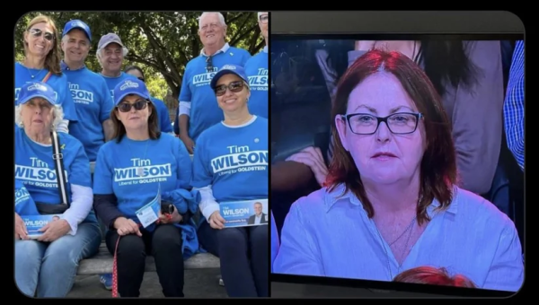 Image sourced from: https://old.reddit.com/r/AusPol/comments/1ixdlqb/the_liberal_party_sends_spies_to_qanda_to_ask/

Woman wearing Tim Wilson campaign shirt on left panel. Same woman pictured in Qanda audience from 25 February ep.