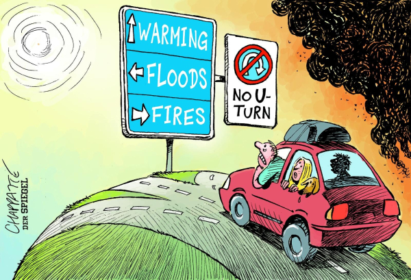 Cartoon: which road? Warming, floods, fires.