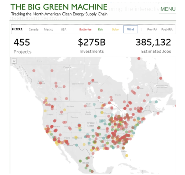 Screenshot from https://www.the-big-green-machine.com/ 
showing map of the US with locations of clean energy initiatives powered by Biden's Inflation Reduction Act (IRA), the Bipartisan Infrastructure Deal and the CHIPS and Science Act.  

To date, 455 projects creating more than 385,000 jobs.