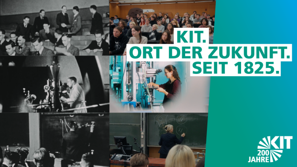 Collage aus historischen und aktuellen Fotos aus der Geschichte von Universität Karlsruhe und KIT, Titelbild des Videos "KIT. Ort der Zukunft. Seit 1825". 